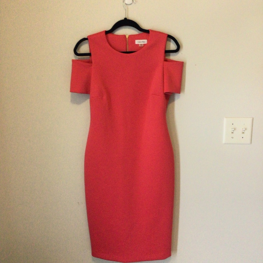 CALVIN KLEIN DEEP CORAL SCUBA DRESS COLD SHOULDER SIZE 8